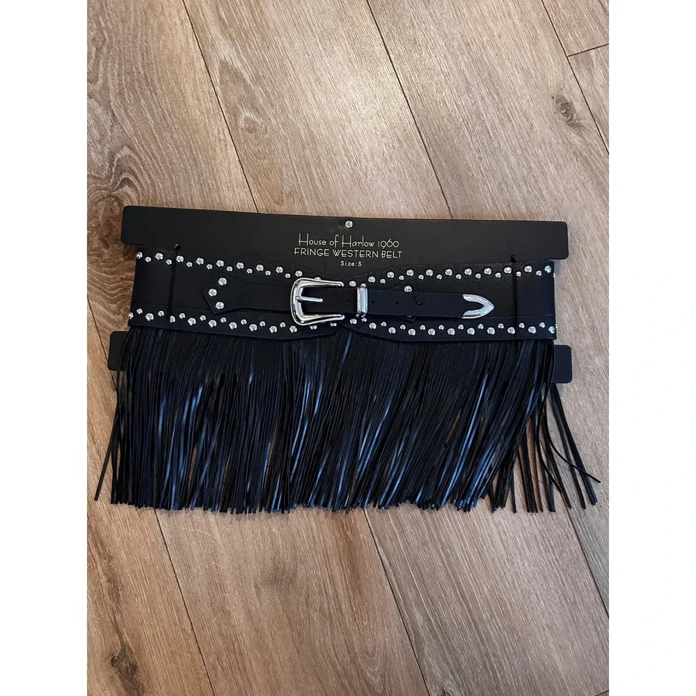 House of Harlow 1960 Fringe Western Belt Black Studded Silver Buckle Size S NEW